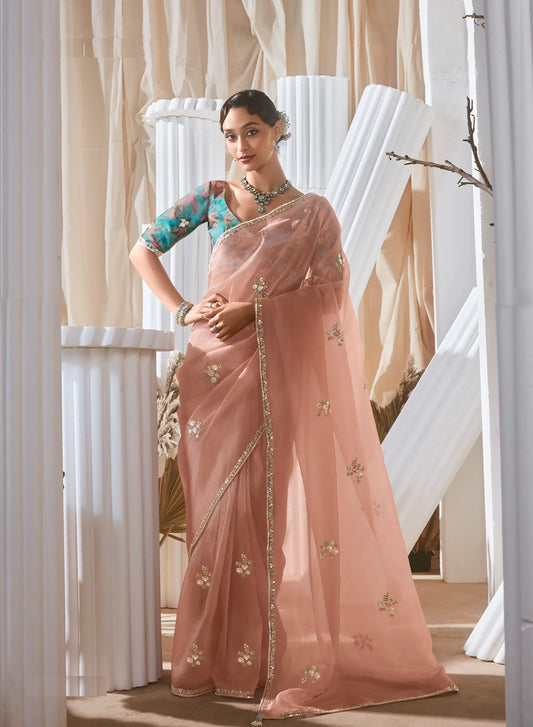 Dusty Peach Fancy Tissue Embroidery Work Saree