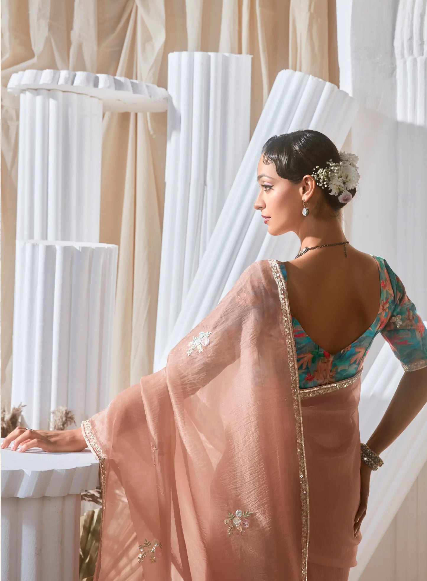 Dusty Peach Fancy Tissue Embroidery Work Saree