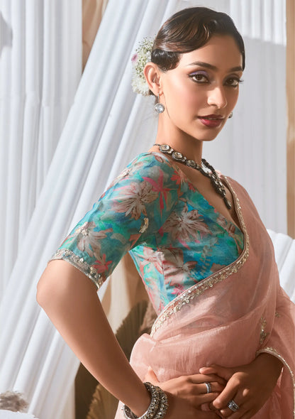 Dusty Peach Fancy Tissue Embroidery Work Saree