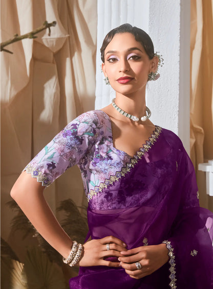 Deep Purple Fancy Tissue Embroidery Work Saree