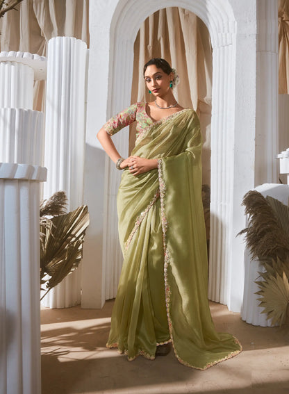 Olive Green Fancy Tissue Embroidery Work Saree
