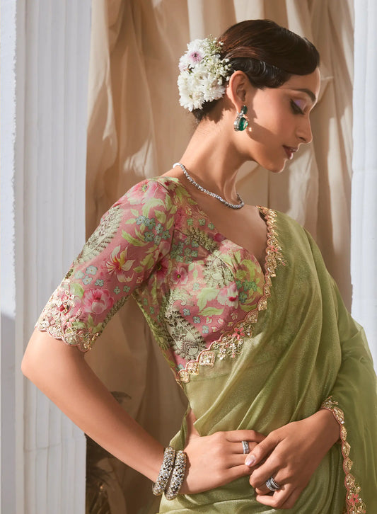 Olive Green Fancy Tissue Embroidery Work Saree