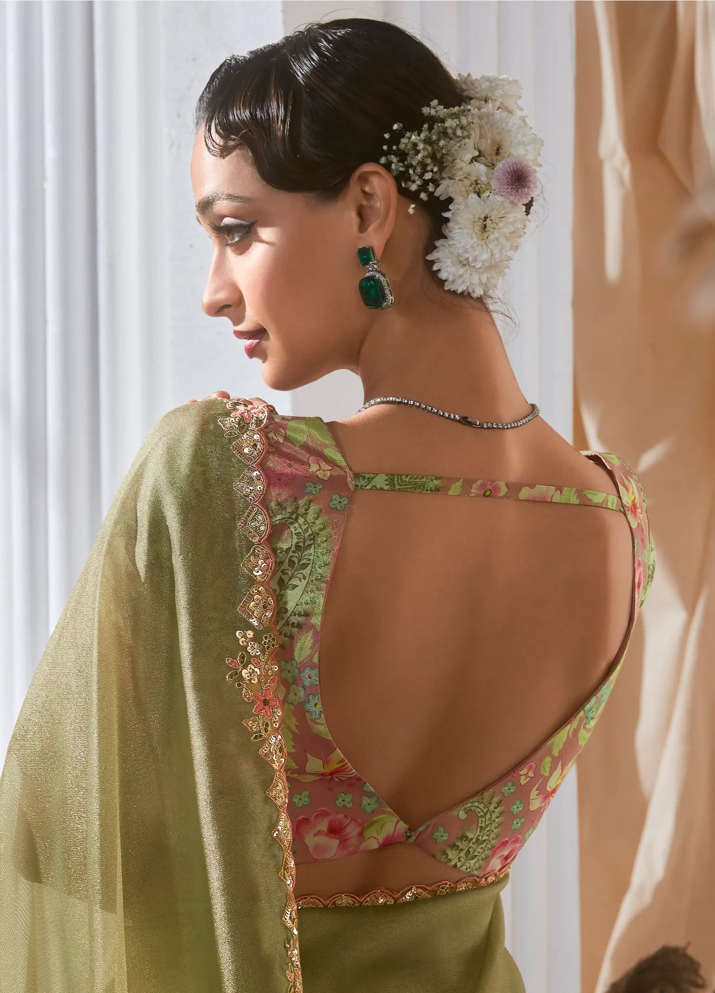 Olive Green Fancy Tissue Embroidery Work Saree
