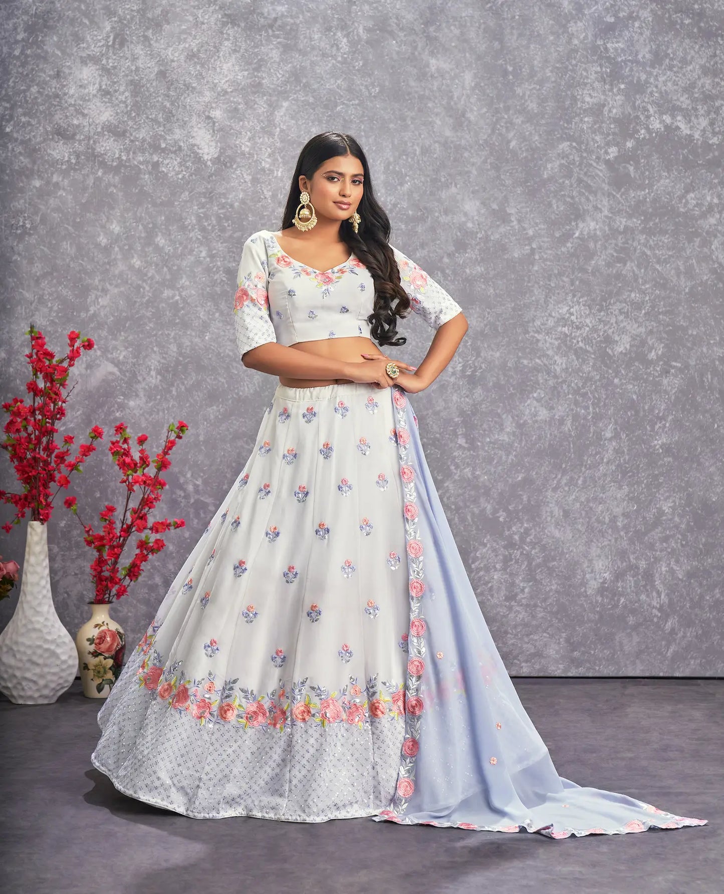 Snow White Georgette Thread with Sequence Embroidery Work Lehenga Choli