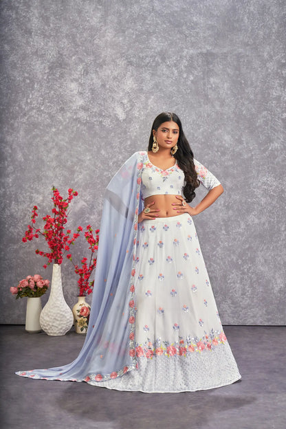 Snow White Georgette Thread with Sequence Embroidery Work Lehenga Choli