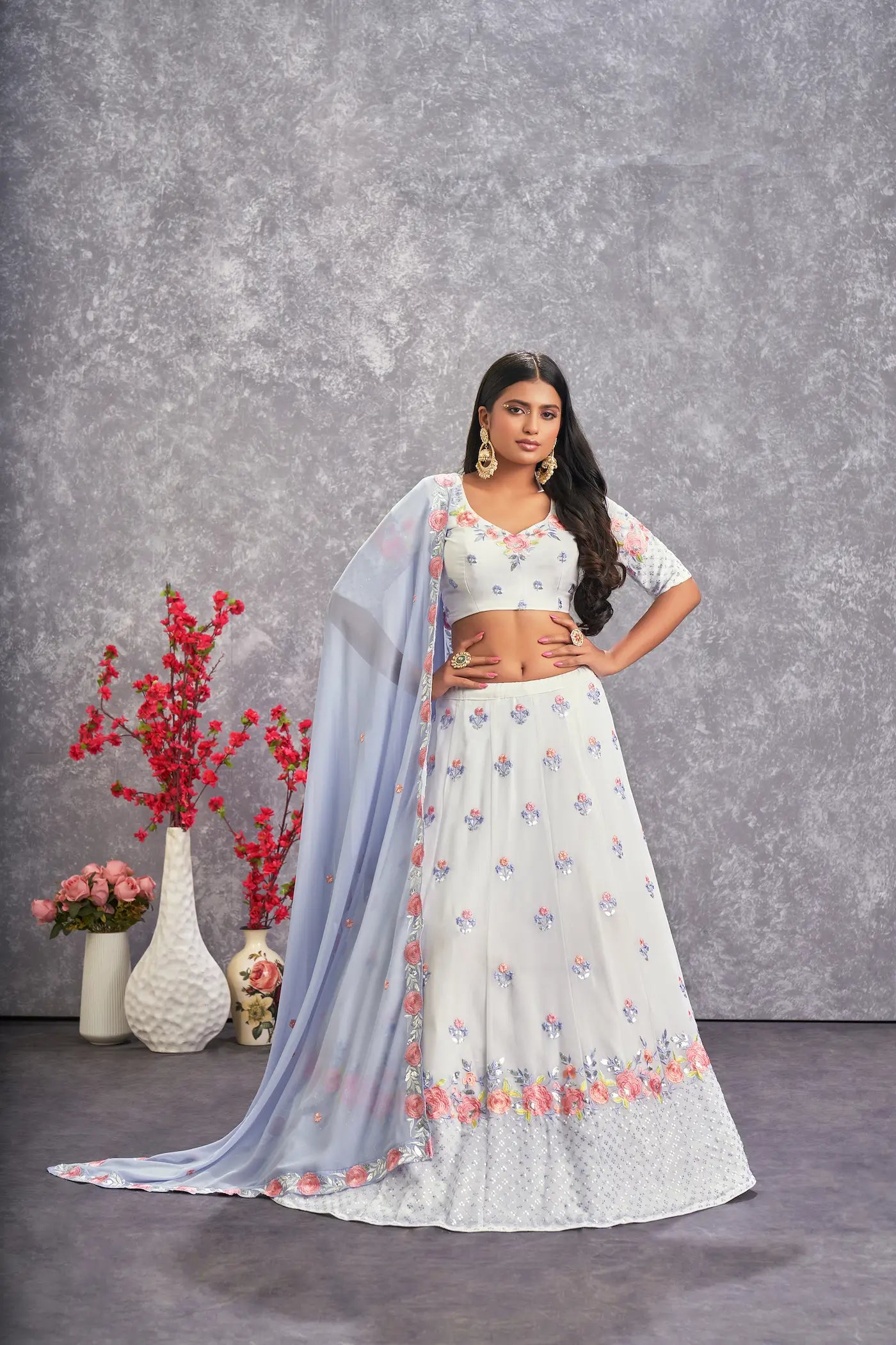Snow White Georgette Thread with Sequence Embroidery Work Lehenga Choli
