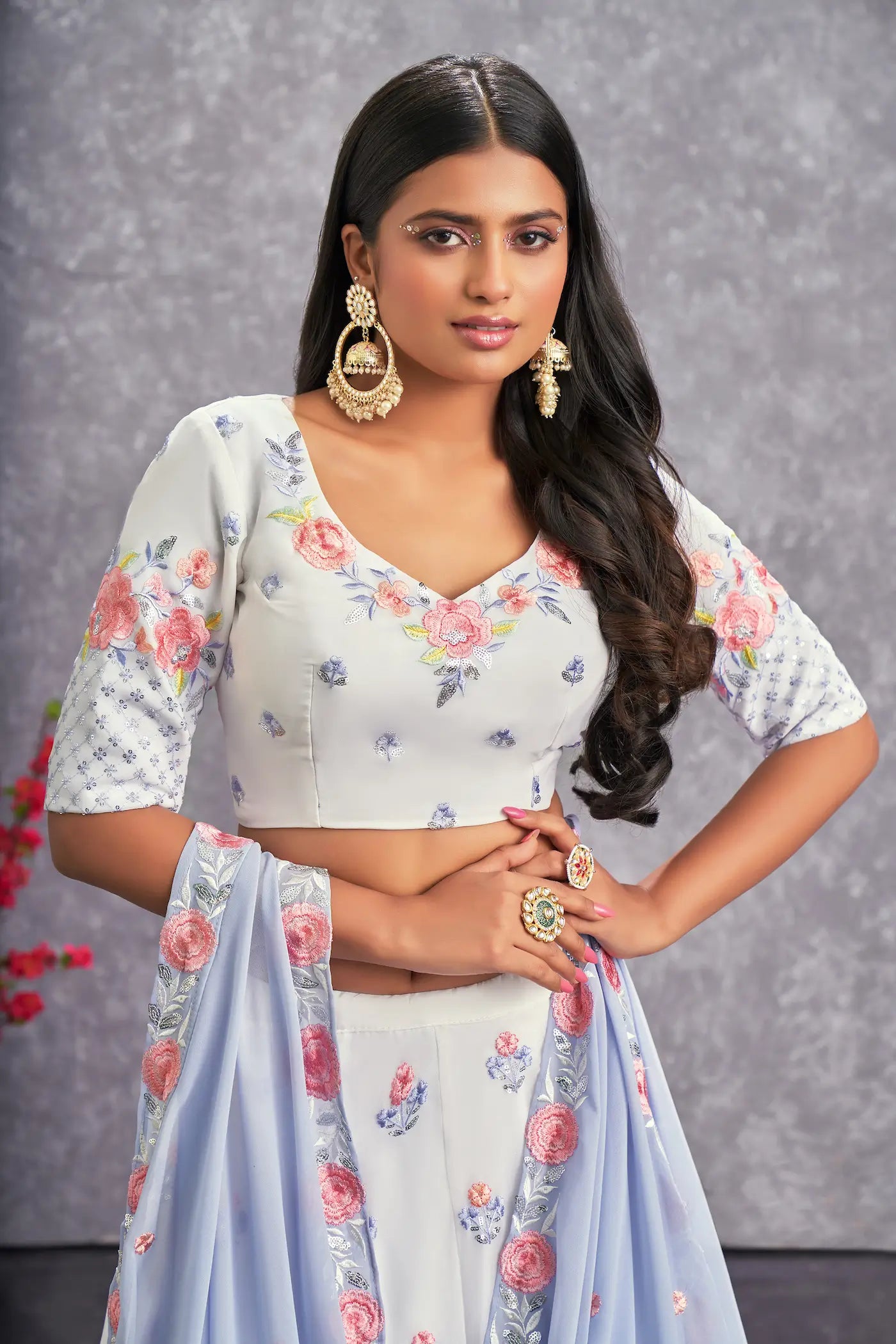 Snow White Georgette Thread with Sequence Embroidery Work Lehenga Choli