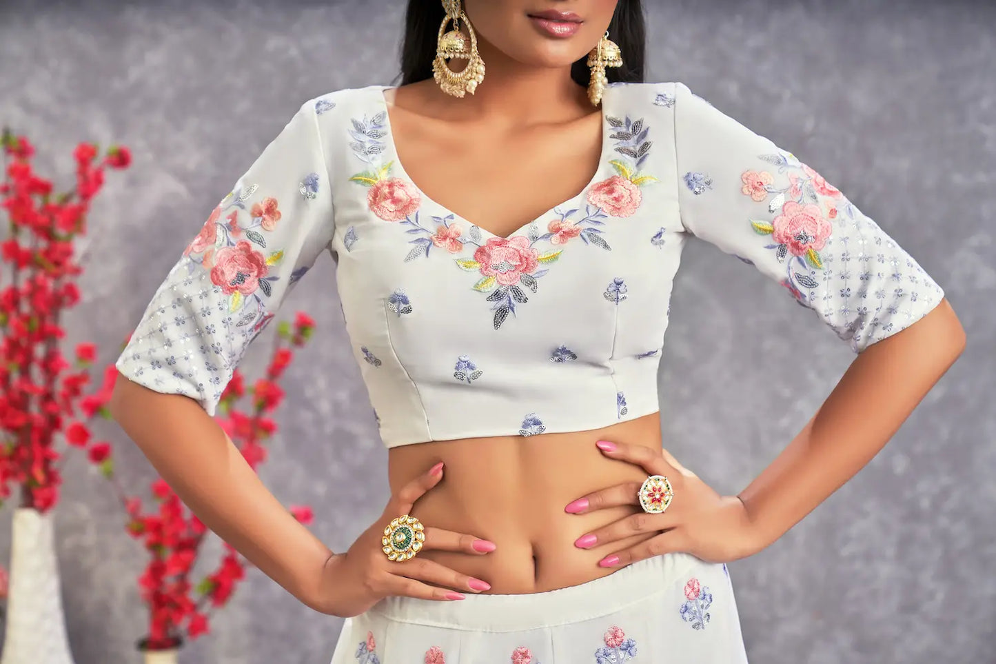 Snow White Georgette Thread with Sequence Embroidery Work Lehenga Choli