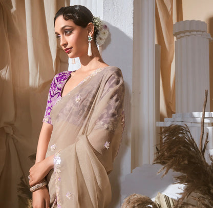 Beige Fancy Tissue Embroidery Work Saree