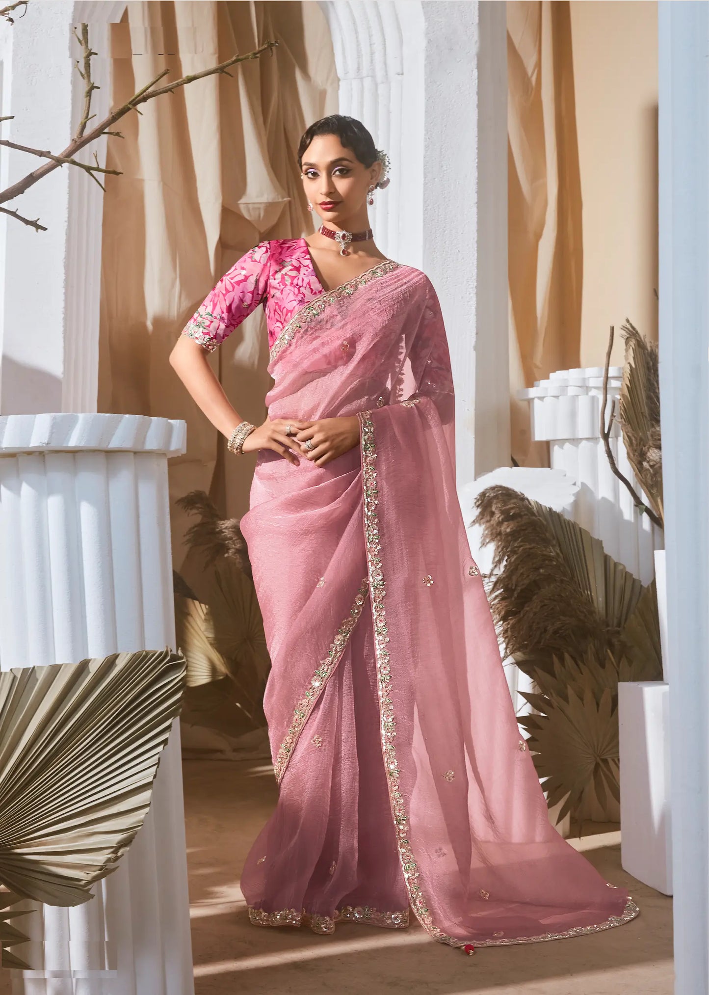 Daisy Pink Fancy Tissue Embroidery Work Saree