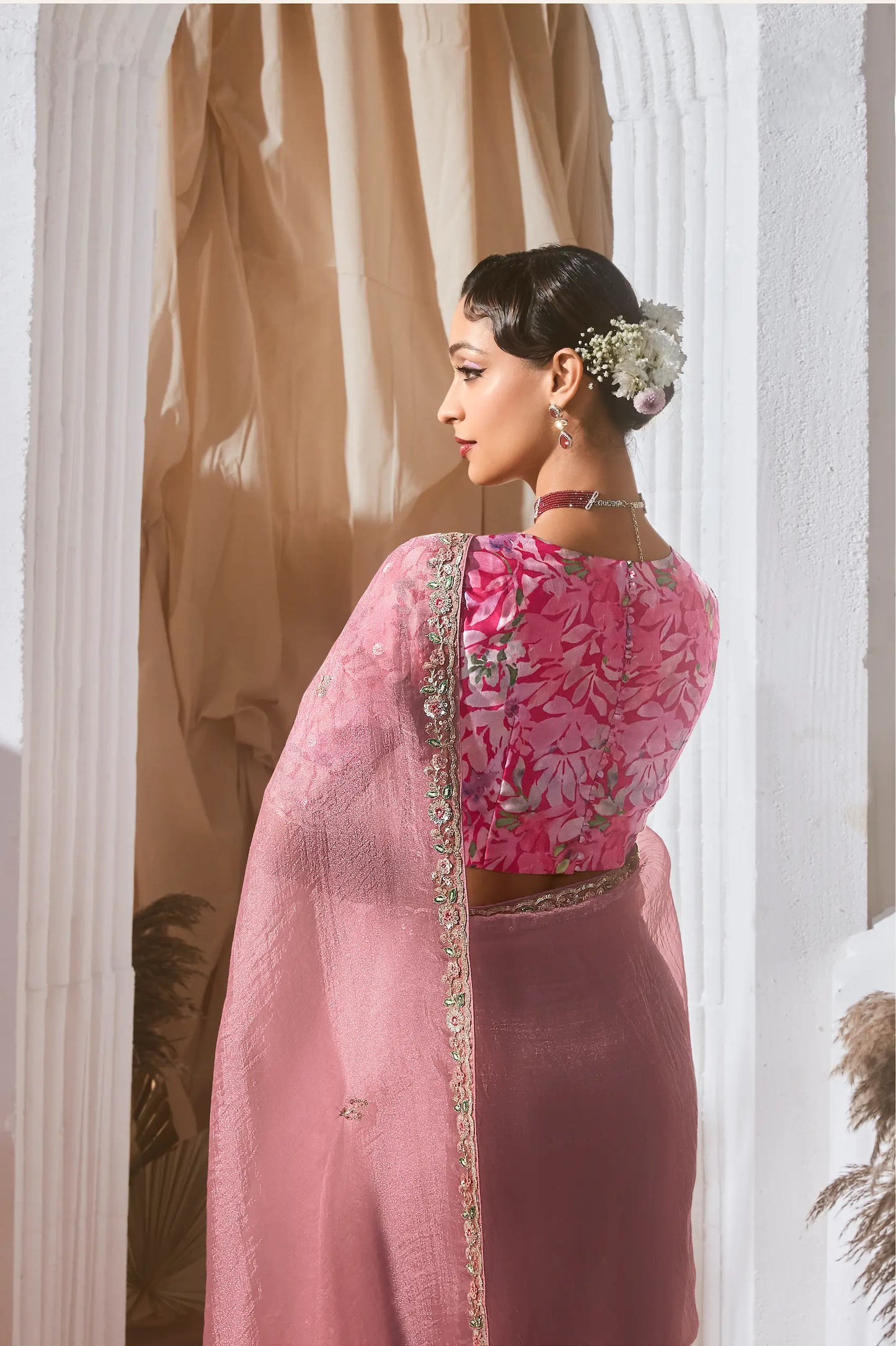 Daisy Pink Fancy Tissue Embroidery Work Saree