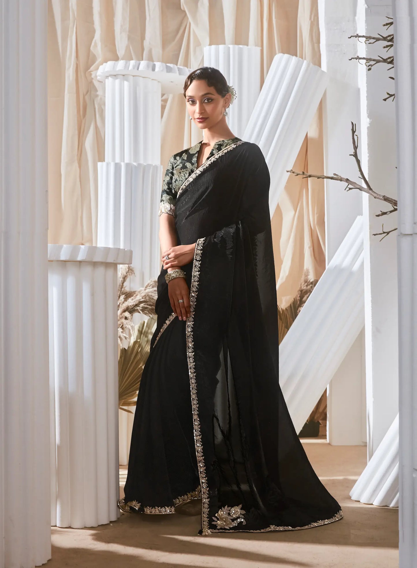 Black Fancy Tissue Embroidery Work Saree