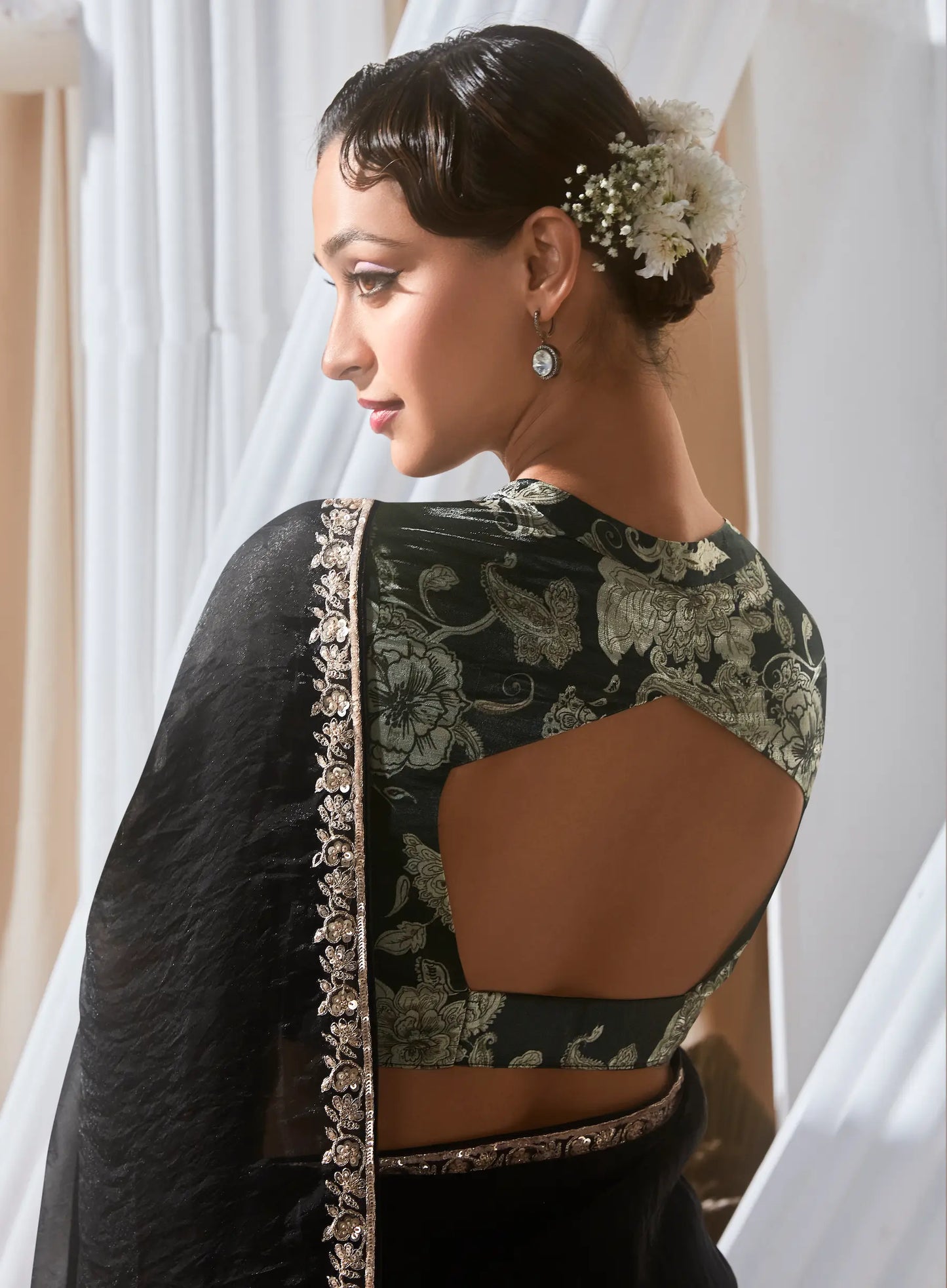 Black Fancy Tissue Embroidery Work Saree