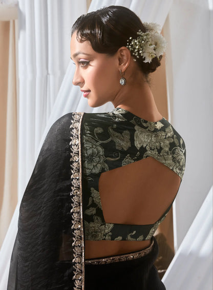 Black Fancy Tissue Embroidery Work Saree