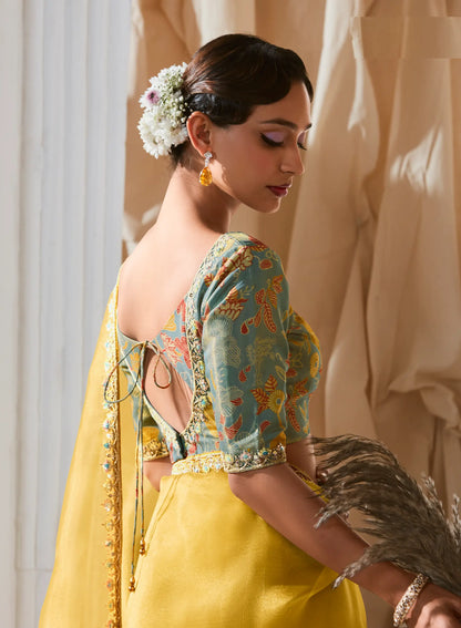 Golden Yellow Fancy Tissue Embroidery Work Saree