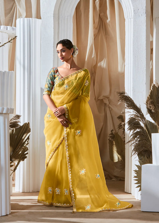 Golden Yellow Fancy Tissue Embroidery Work Saree