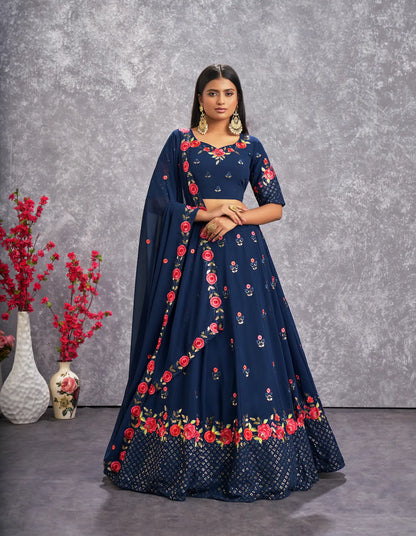 Teal Blue Georgette Thread with Sequence Embroidery Work Lehenga Choli