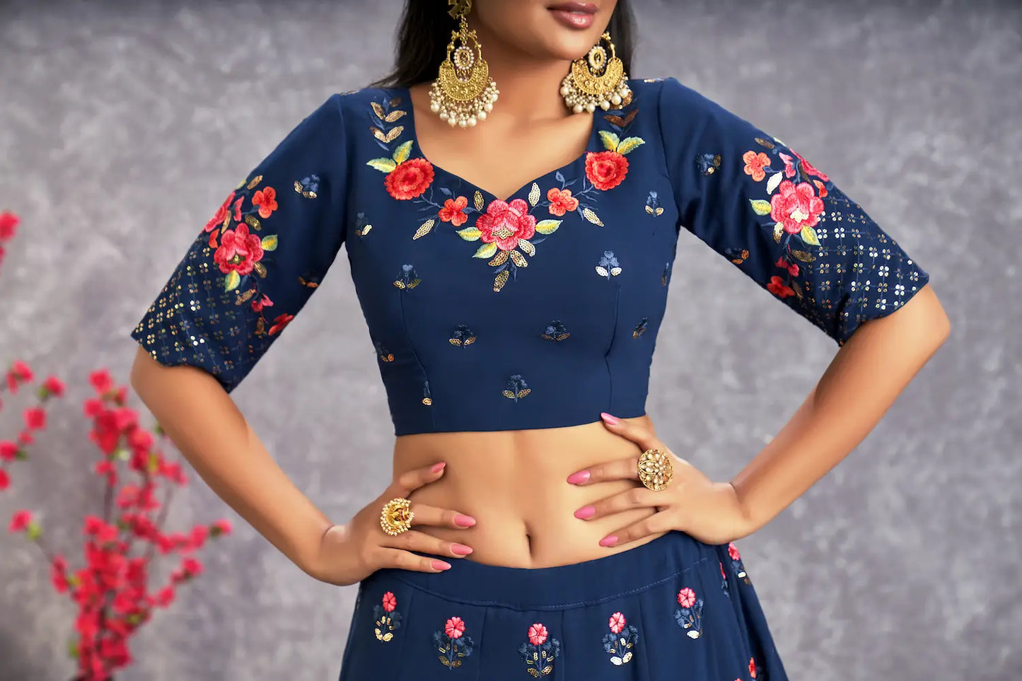 Teal Blue Georgette Thread with Sequence Embroidery Work Lehenga Choli