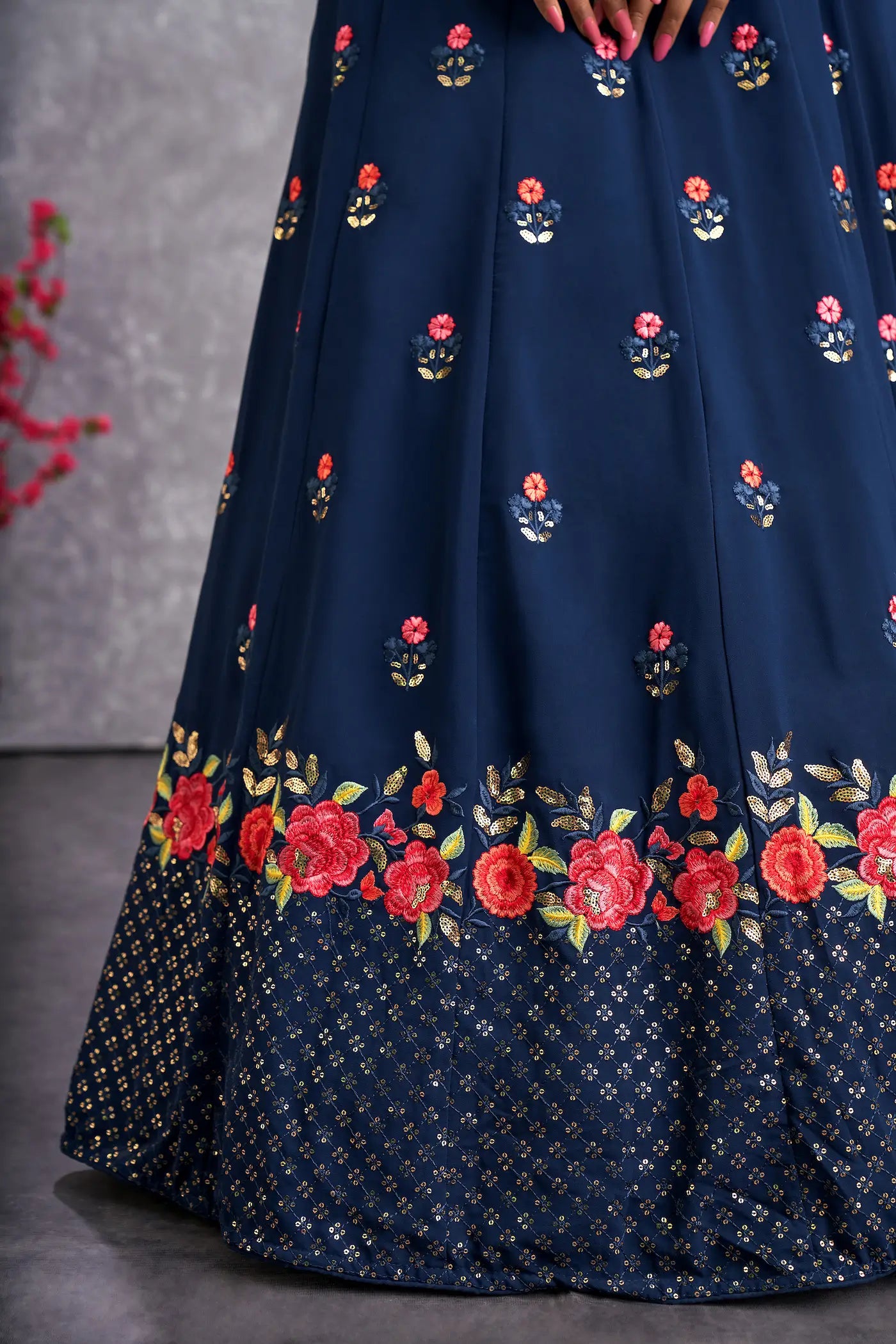 Teal Blue Georgette Thread with Sequence Embroidery Work Lehenga Choli