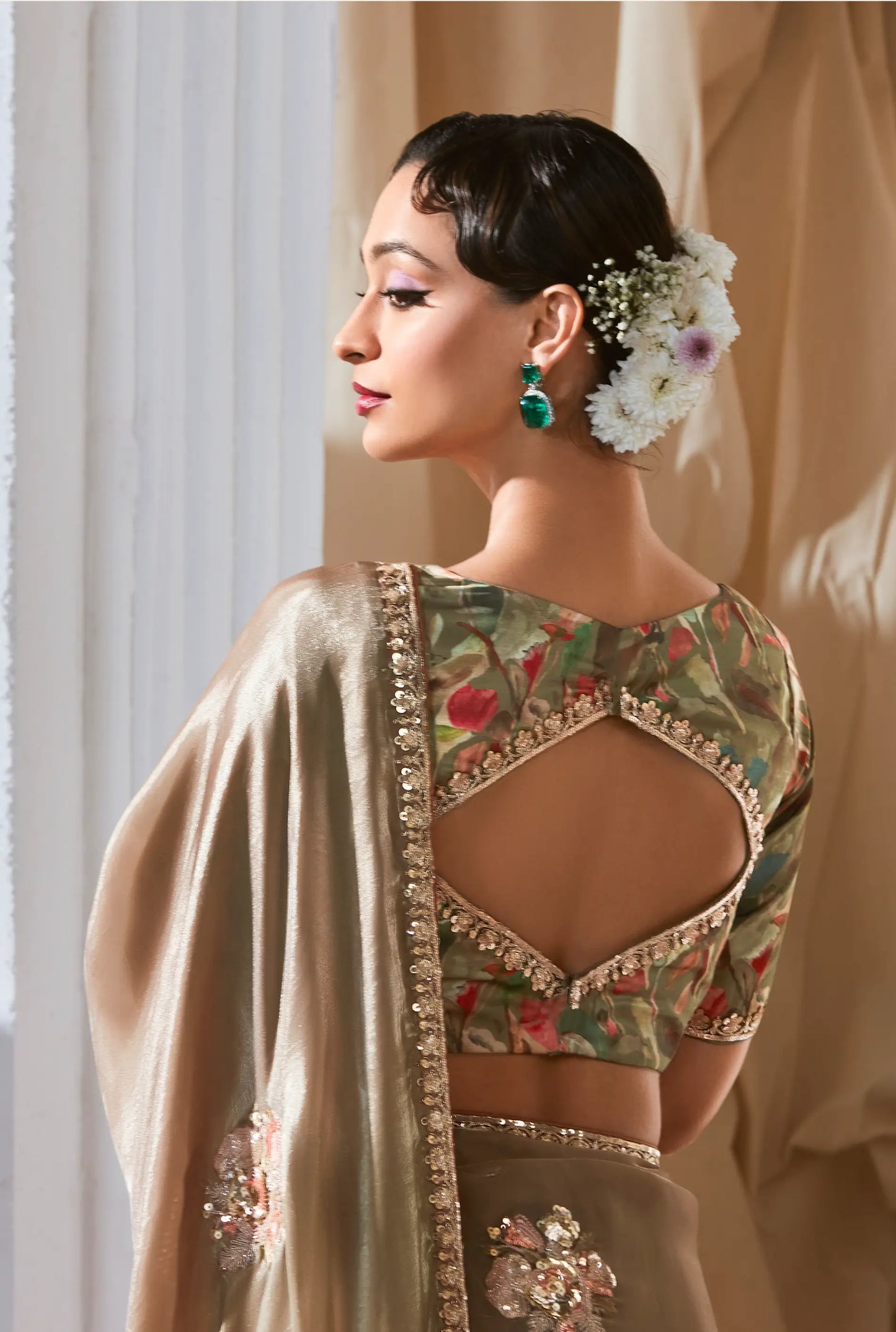 Olive-Brown Shaded Fancy Tissue Embroidery Work Saree