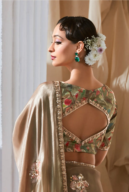 Olive-Brown Shaded Fancy Tissue Embroidery Work Saree