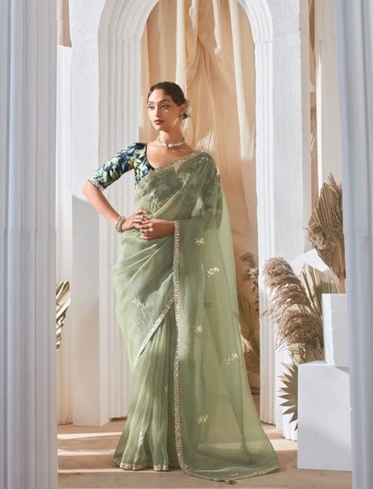 Sea Green Fancy Tissue Embroidery Work Saree