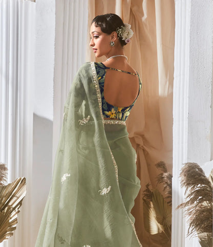 Sea Green Fancy Tissue Embroidery Work Saree