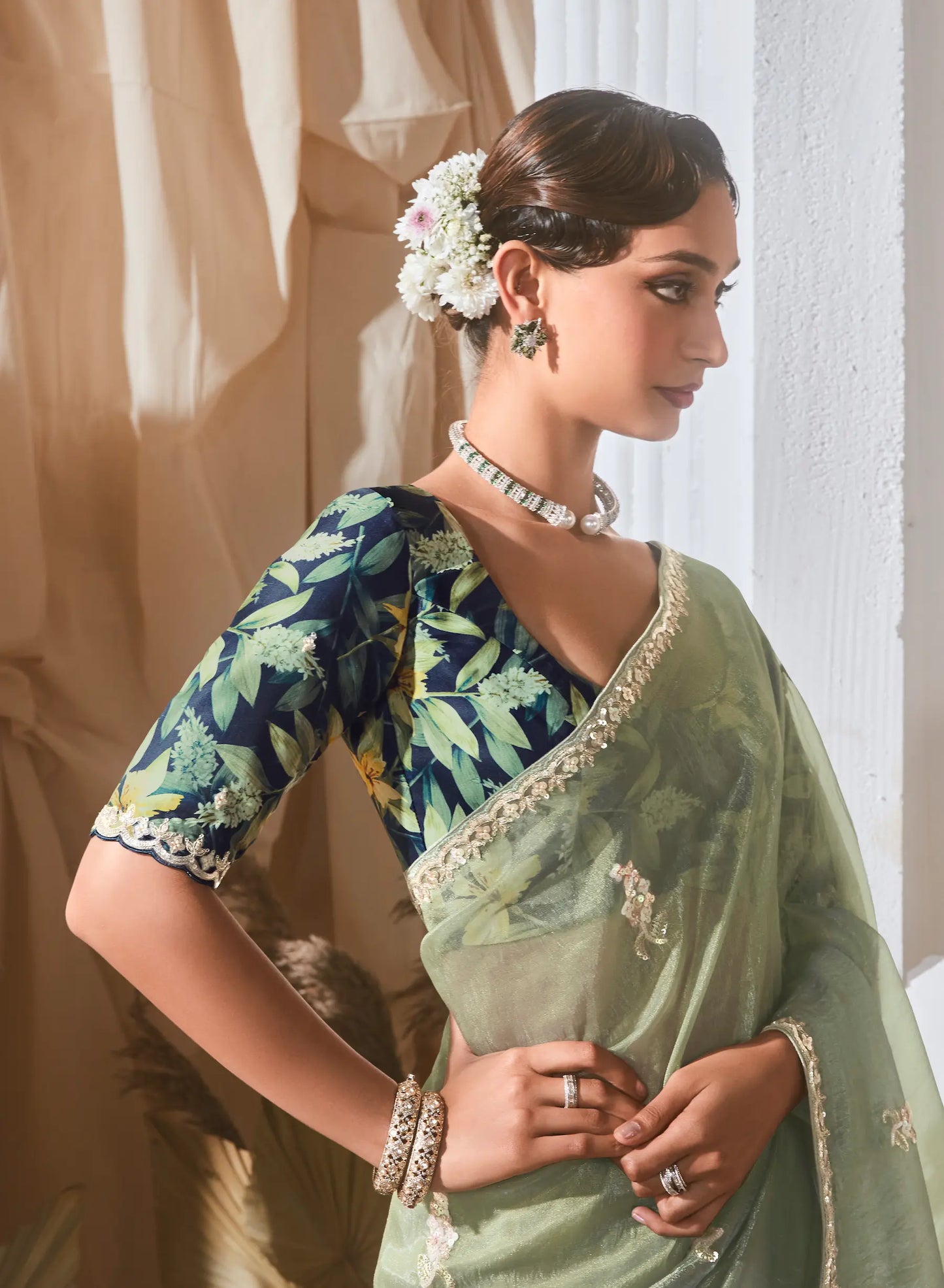 Sea Green Fancy Tissue Embroidery Work Saree