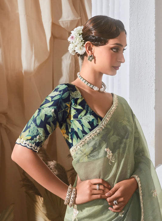 Sea Green Fancy Tissue Embroidery Work Saree