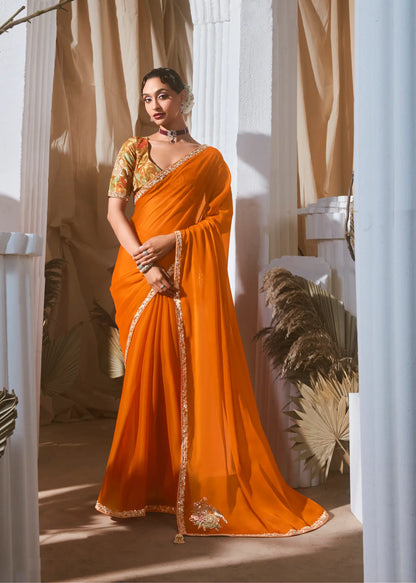 Bright Orange Fancy Tissue Embroidery Work Saree