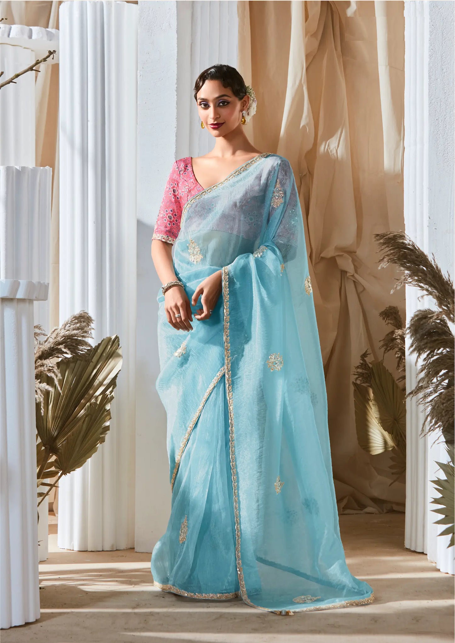 Glacier Blue Fancy Tissue Embroidery Work Saree
