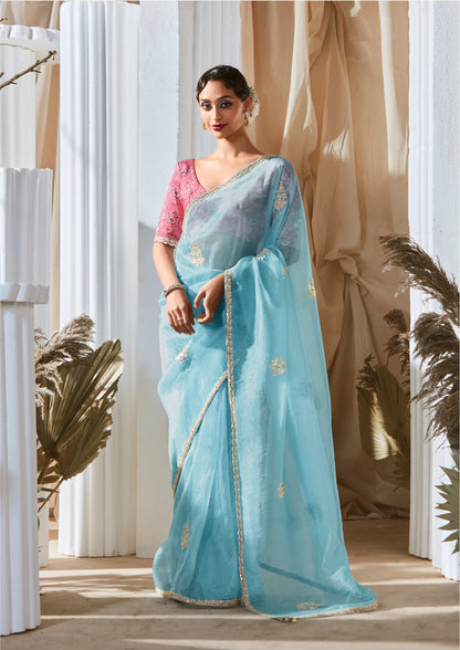 Glacier Blue Fancy Tissue Embroidery Work Saree