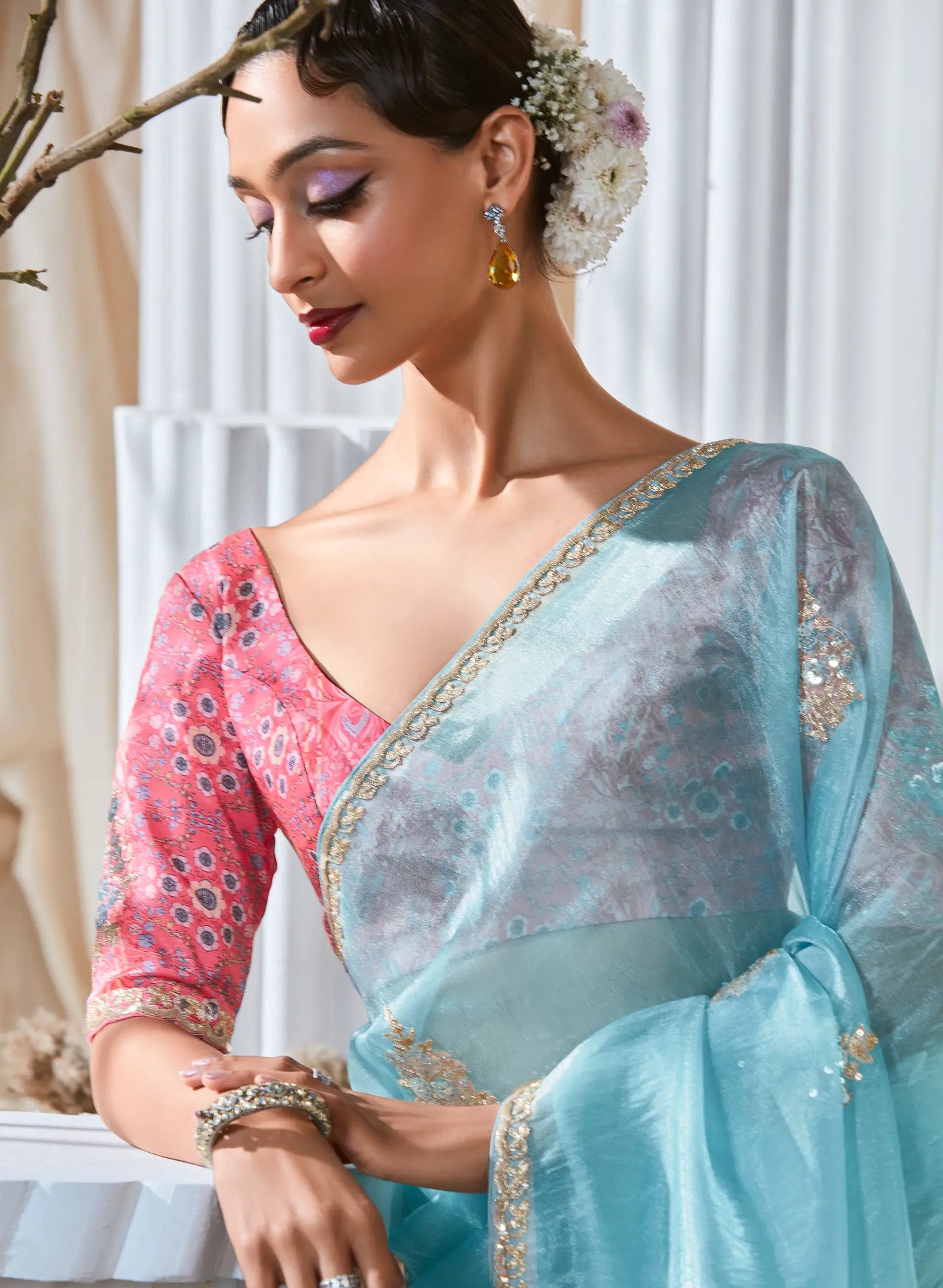 Glacier Blue Fancy Tissue Embroidery Work Saree