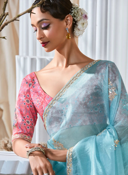 Glacier Blue Fancy Tissue Embroidery Work Saree