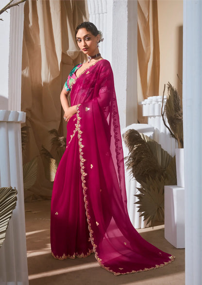 Dark Fuchsia Fancy Tissue Embroidery Work Saree