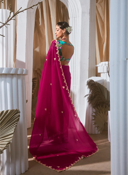 Dark Fuchsia Fancy Tissue Embroidery Work Saree