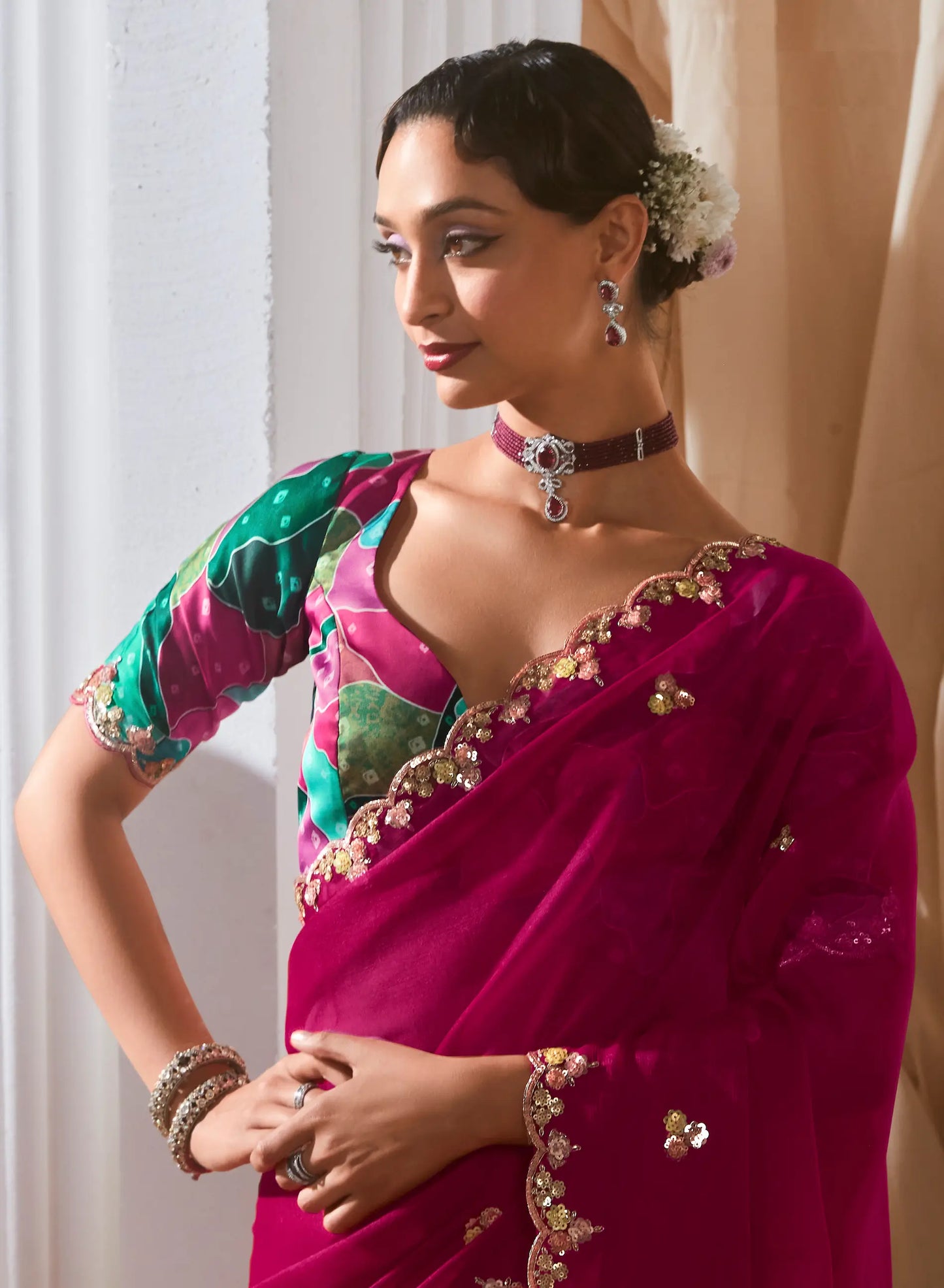 Dark Fuchsia Fancy Tissue Embroidery Work Saree