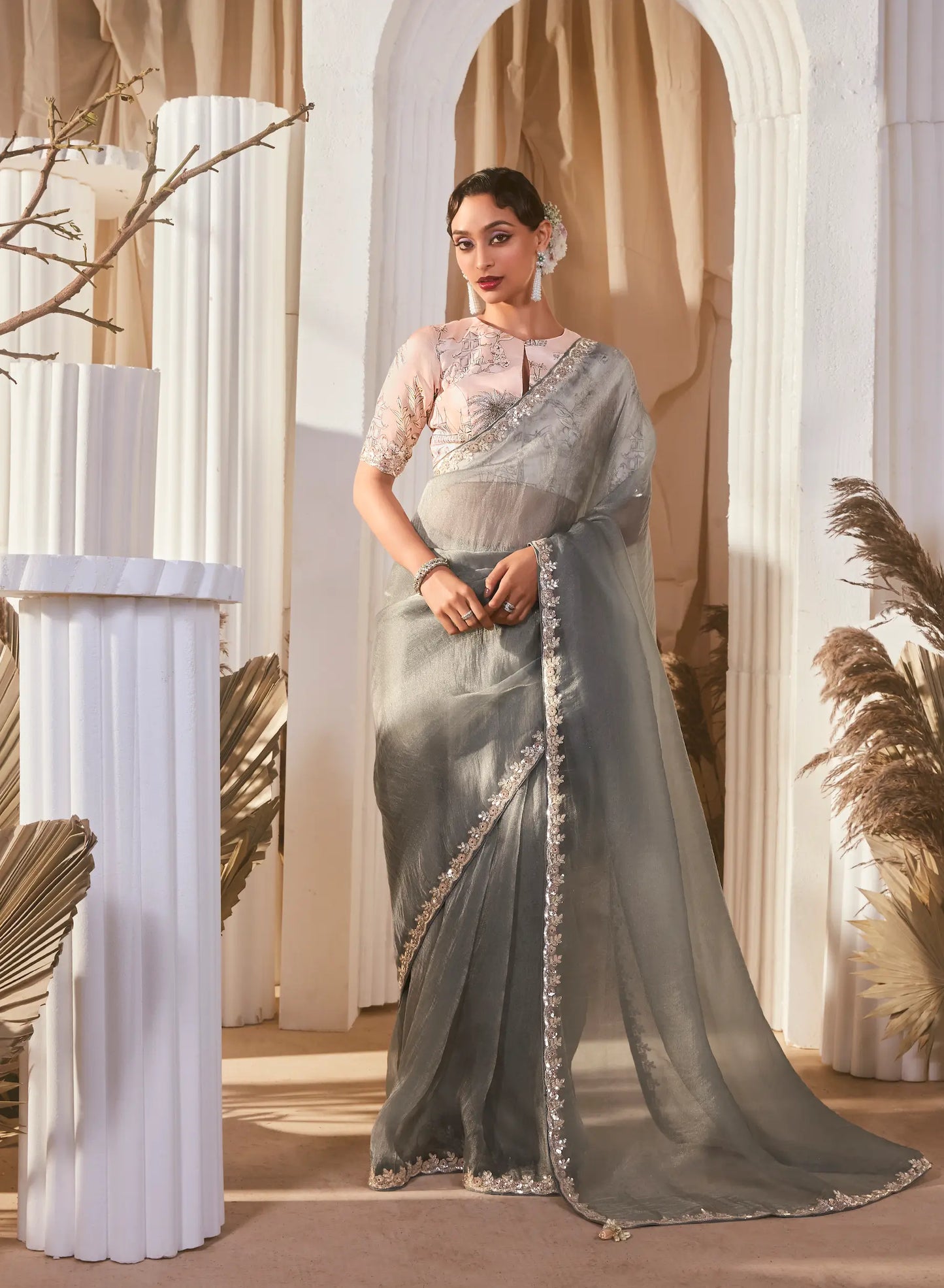 Grey Fancy Tissue Embroidery Work Saree