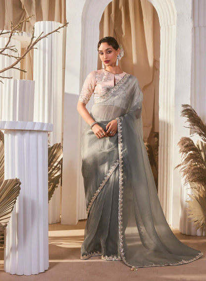 Grey Fancy Tissue Embroidery Work Saree