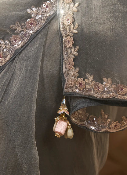 Grey Fancy Tissue Embroidery Work Saree