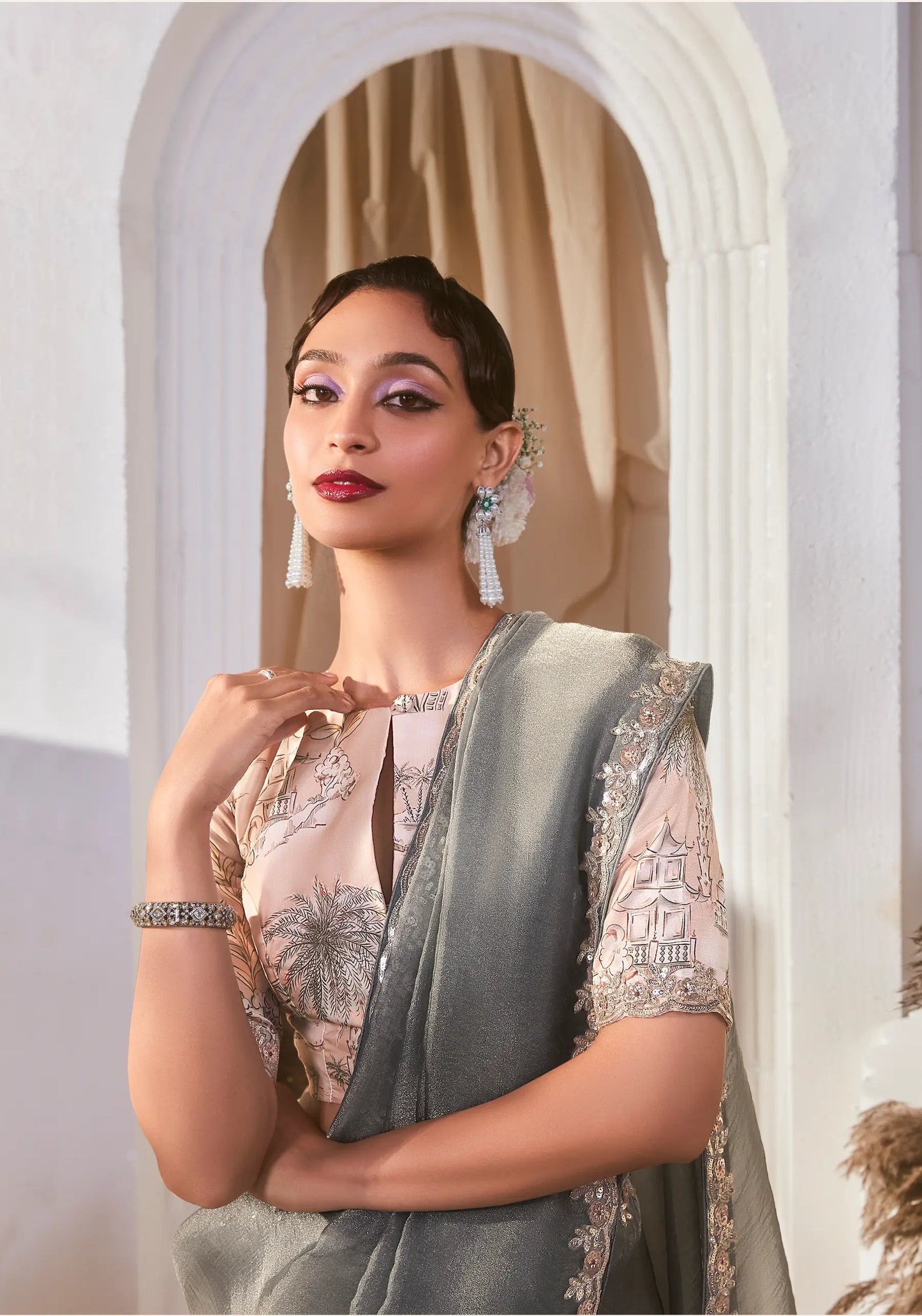 Grey Fancy Tissue Embroidery Work Saree