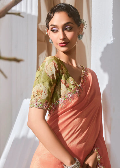 Peach Fancy Tissue Embroidery Work Saree