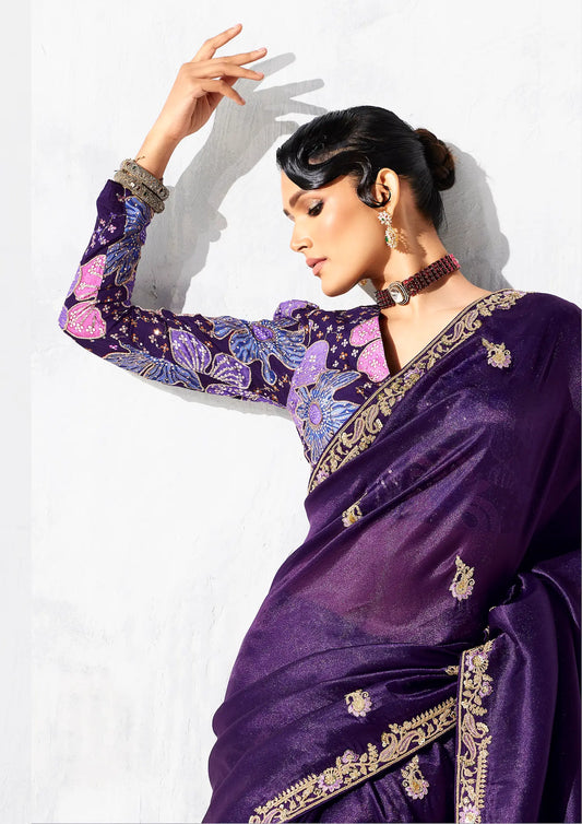 Dark Purple Glass Tissue Embroidery Party Wear Saree
