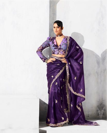 Dark Purple Glass Tissue Embroidery Party Wear Saree