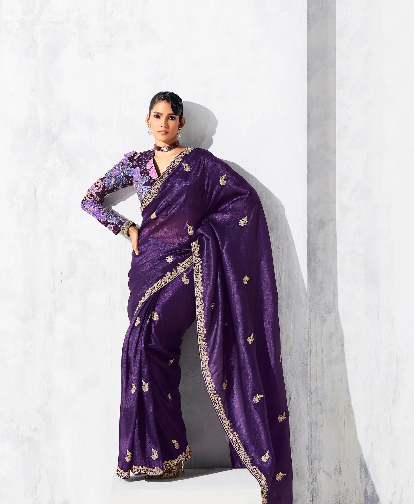 Dark Purple Glass Tissue Embroidery Party Wear Saree