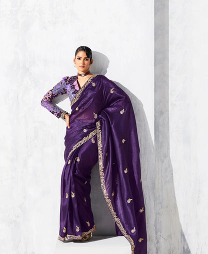 Dark Purple Glass Tissue Embroidery Party Wear Saree
