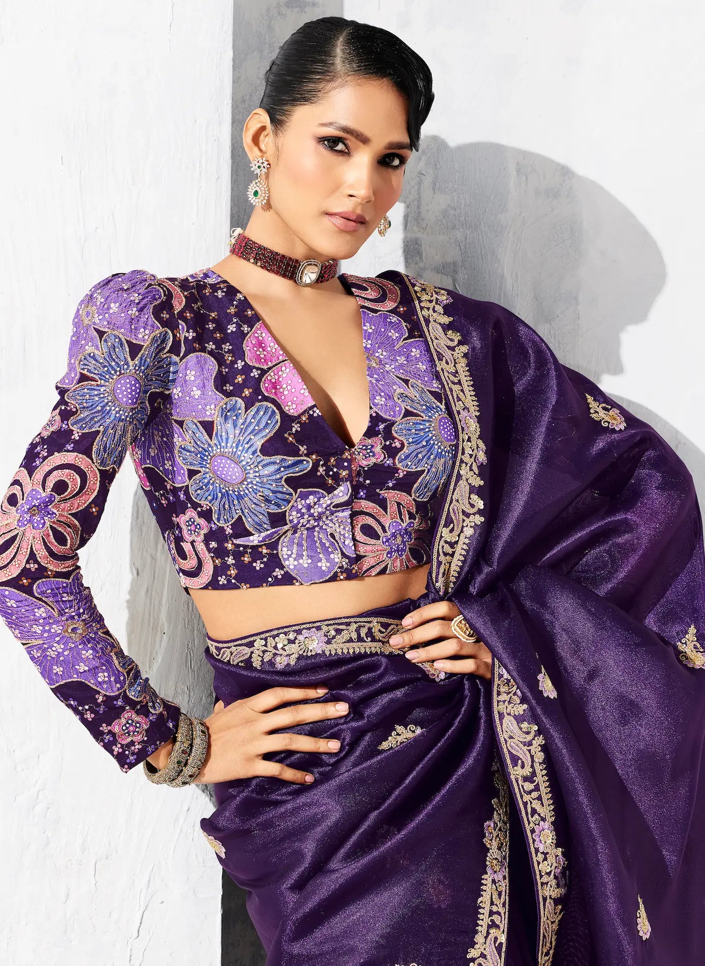 Dark Purple Glass Tissue Embroidery Party Wear Saree