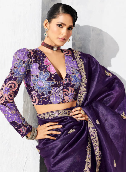 Dark Purple Glass Tissue Embroidery Party Wear Saree