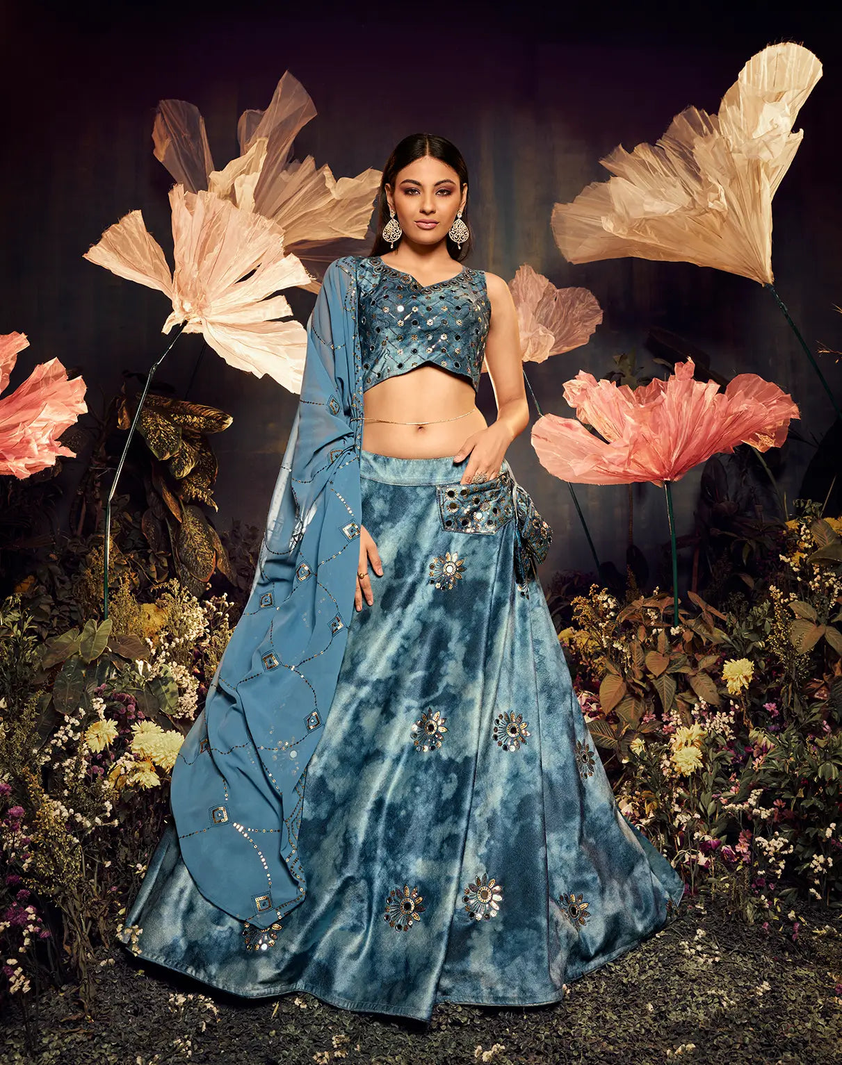 Sky Blue Velvet Lehenga Choli With Print With Thread, Sequence Embroidery & Mirror Work