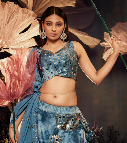 Sky Blue Velvet Lehenga Choli With Print With Thread, Sequence Embroidery & Mirror Work